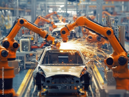 robotic assembly line in an automotive factory, showcasing advanced machinery and technology working in harmony to construct vehicles efficiently