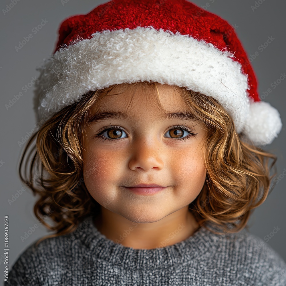 Child wearing a bright red Santa hat smiles warmly against a monochrome backdrop, exuding festive cheer and holiday spirit, ideal for Christmas cards and seasonal marketing Child wearing a bright red Santa hat smiles warmly against a monochrome backdrop, exuding festive cheer and holiday spirit, ideal for Christmas cards and seasonal marketing