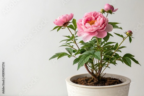 Wallpaper Mural Close-up of a delicate potted peony with lush green leaves and pink flowers in a white ceramic pot, flower arrangements, botanicals, vintage charm, spring flowers, romantic decor Torontodigital.ca