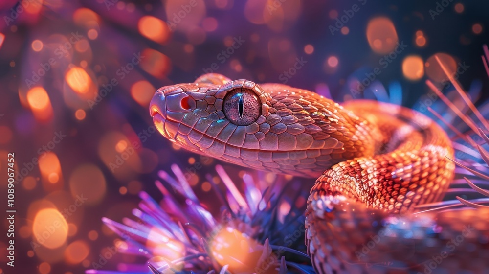 A close-up of a snake's head with a blurred background of pink and orange lights. A close-up of a snake's head with a blurred background of pink and orange lights.