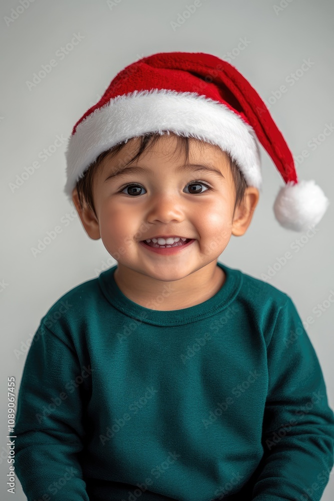 A joyful child wearing a bright red Santa hat smiles warmly against a simple monochrome backdrop, embodying the spirit of the holiday season and cheerful festivities A joyful child wearing a bright red Santa hat smiles warmly against a simple monochrome backdrop, embodying the spirit of the holiday season and cheerful festivities