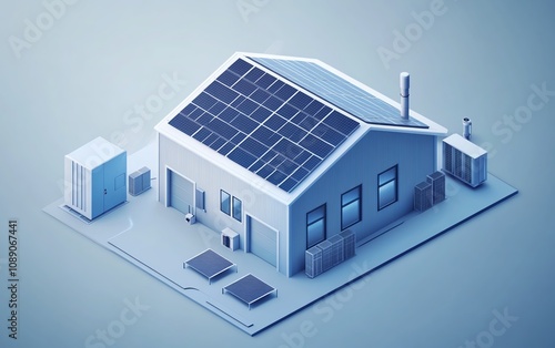 Isometric vector design of solar cell equipment, ongrid inverter system diagram, solar energy plant component, clean energy concept photo