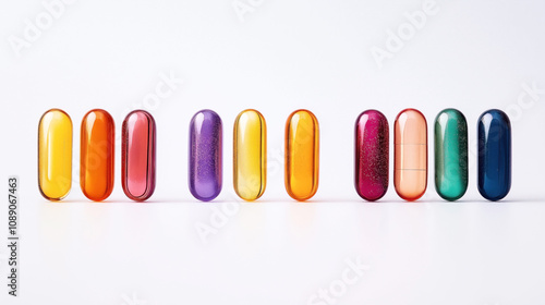 Colorful translucent capsules arranged in a neat line on a white surface, each with a distinct hue including yellow, orange, pink, purple, and blue highlighting their vibrancy and clarity.