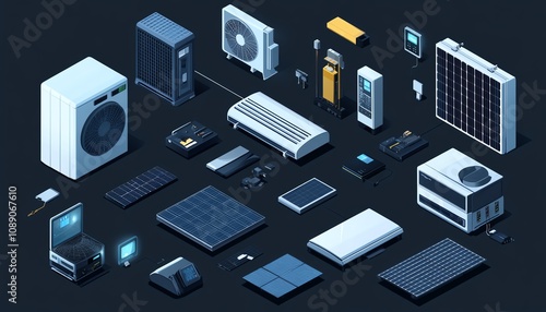 Isometric vector design of solar cell equipment, ongrid inverter system diagram, solar energy plant component, clean energy concept photo