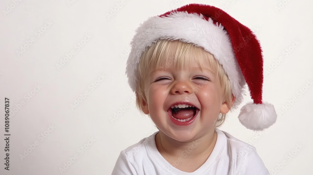 A happy child wearing a festive red Santa hat radiates joy. The simplicity of the monochrome background enhances the cheerful holiday atmosphere, perfect for greeting cards A happy child wearing a festive red Santa hat radiates joy. The simplicity of the monochrome background enhances the cheerful holiday atmosphere, perfect for greeting cards