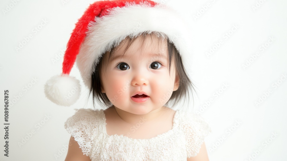 A charming child wears a festive red Santa hat, evoking the holiday spirit against a simple monochrome backdrop. This delightful look is perfect for Christmas and New Year celebrations A charming child wears a festive red Santa hat, evoking the holiday spirit against a simple monochrome backdrop. This delightful look is perfect for Christmas and New Year celebrations