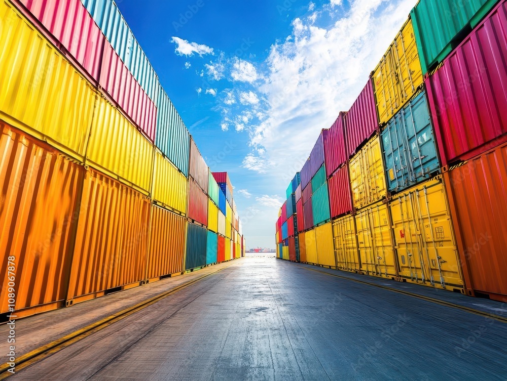 Fototapeta premium rows of colorful cargo containers stacked on massive container ships docked in an industrial port, illustrating the global trade and shipping industry's scale and logistics
