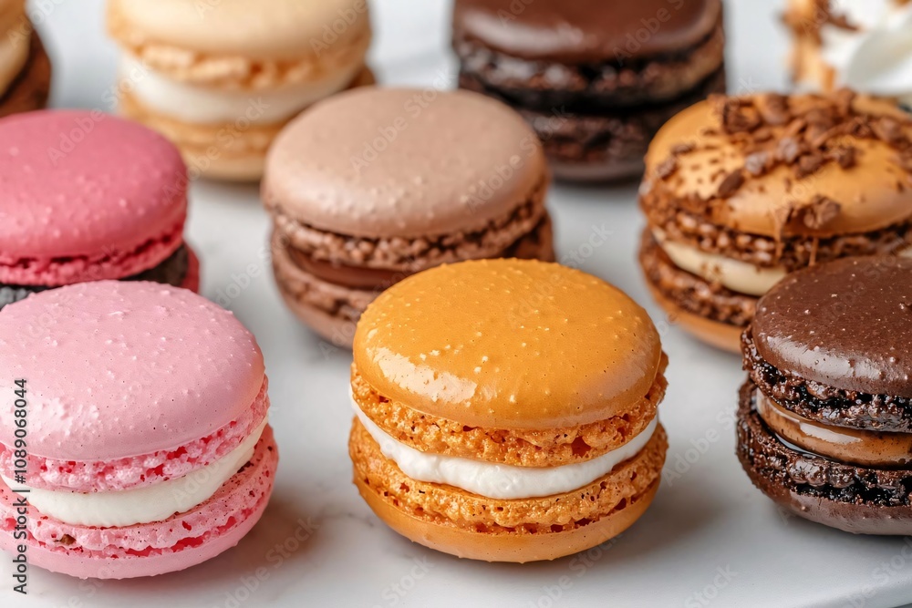 Colorful macarons displayed on a plate, showcasing a delightful variety of flavors and textures. Colorful macarons displayed on a plate, showcasing a delightful variety of flavors and textures.