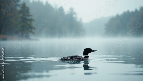 Serene Loon Swimming in Misty Lake Against Foggy Forest Background