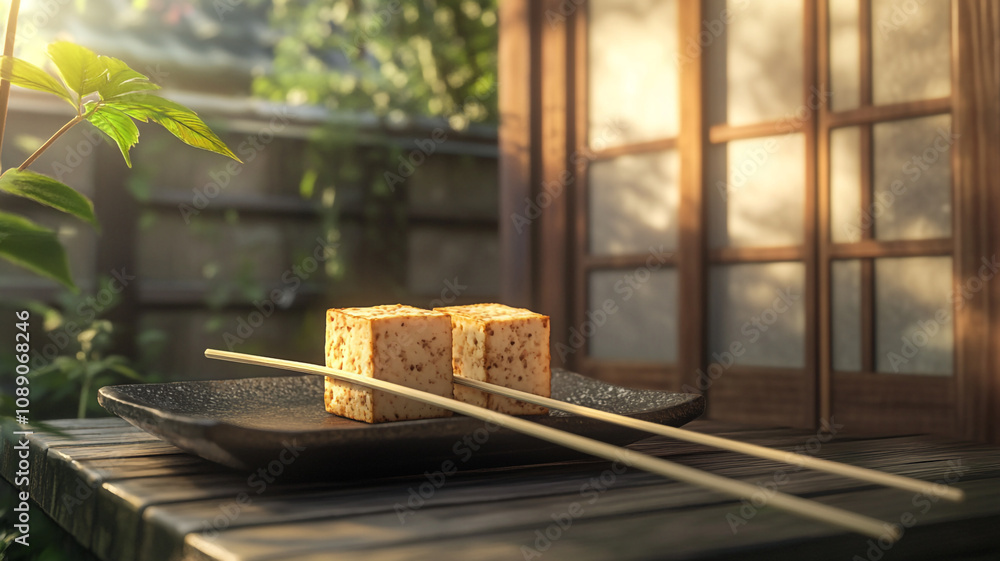 Tofu dish served on a black plate with chopsticks in a serene outdoor setting Tofu dish served on a black plate with chopsticks in a serene outdoor setting