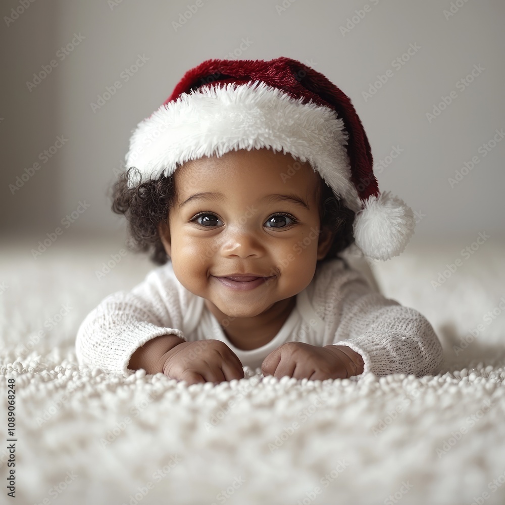 Adorable child with curly hair is lying on a textured surface while wearing a festive red Santa hat, showcasing a joyful expression that embodies holiday cheer Adorable child with curly hair is lying on a textured surface while wearing a festive red Santa hat, showcasing a joyful expression that embodies holiday cheer