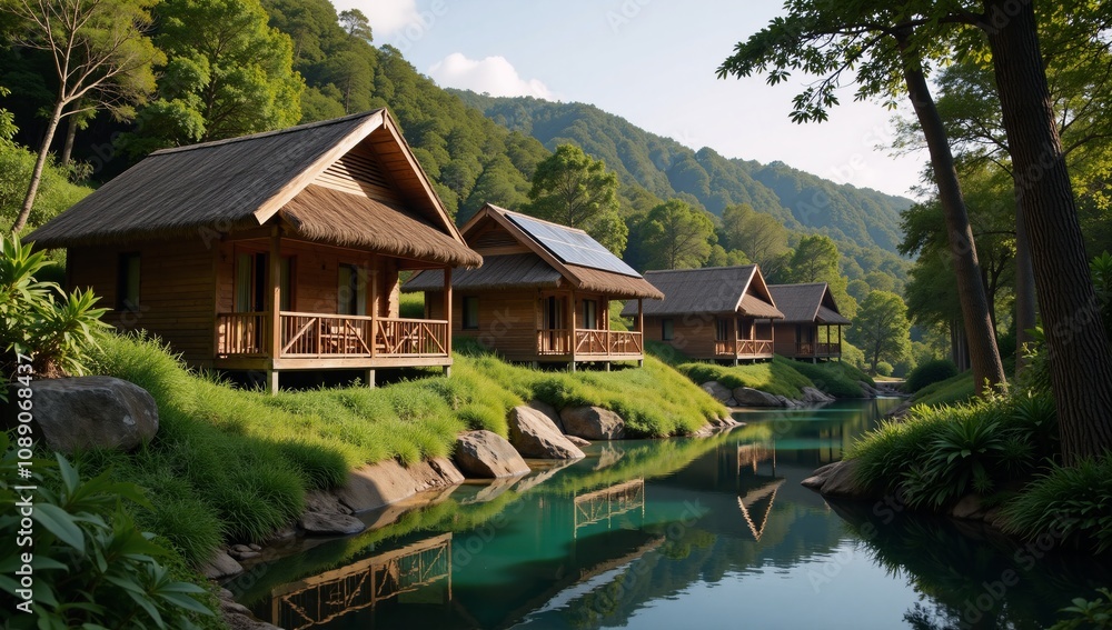 Obraz premium Eco-friendly nature reserve with sustainably-focused tourist accommodations for ecological preservation