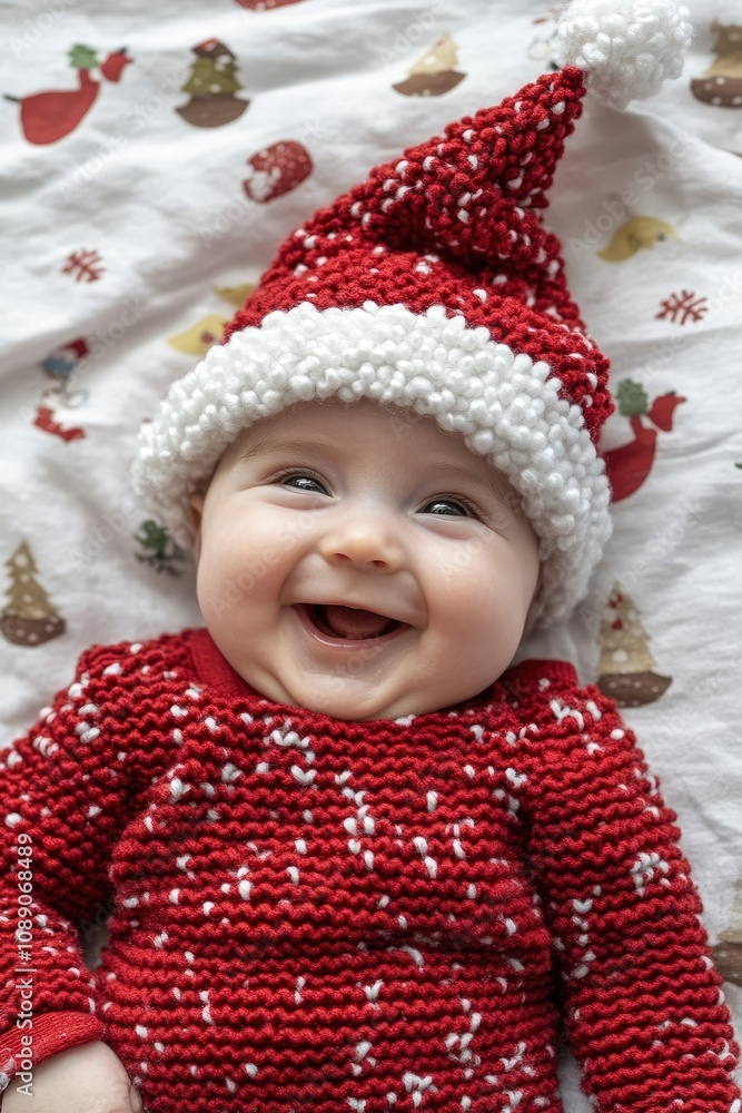 A cheerful infant lies on a white blanket adorned with a Christmas motif, wearing a handmade red knitted sweater and a matching Santa hat A cheerful infant lies on a white blanket adorned with a Christmas motif, wearing a handmade red knitted sweater and a matching Santa hat