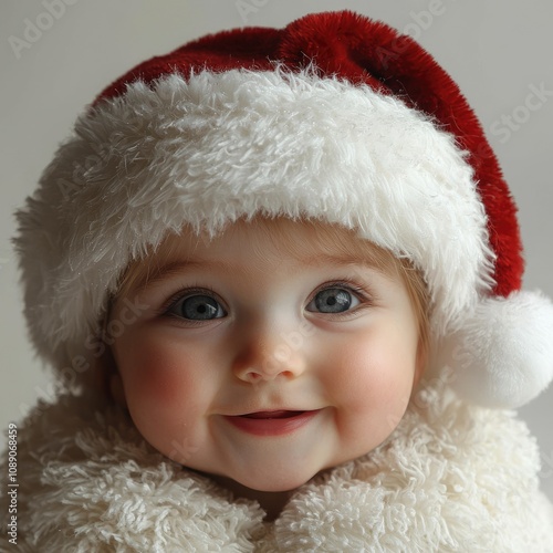 A closeup portrait of a cheerful infant wearing a red and white Santa hat with a fluffy white trim. The baby has rosy cheeks and bright blue eyes. The background is a neutral gray