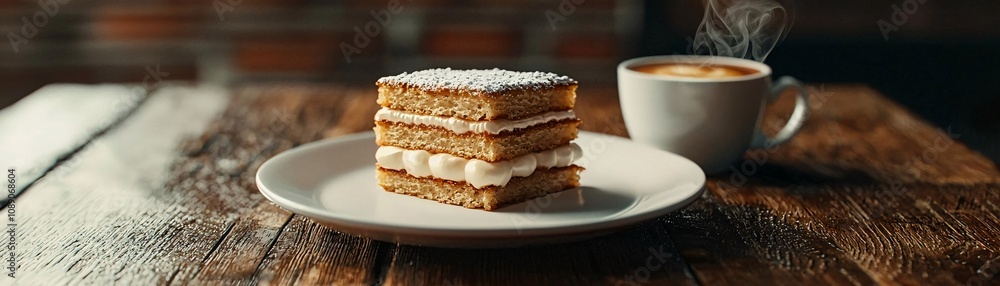 Delicious layered dessert on a plate beside a steaming cup of coffee, perfect for a cozy cafe atmosphere. Delicious layered dessert on a plate beside a steaming cup of coffee, perfect for a cozy cafe atmosphere.