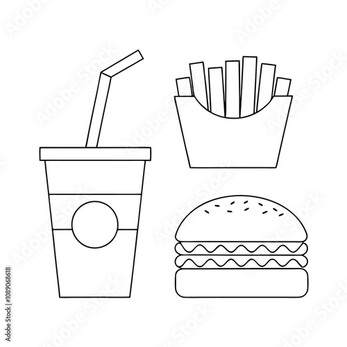 Hamburger, Soft Drink, and French Fries Fast Food Icon Vector Line Art. photo