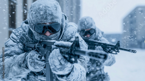 Elite special forces in snowy combat action photo