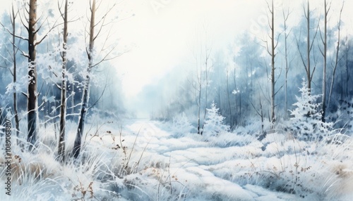 Watercolor illustration of a frozen winter morning in a forest.