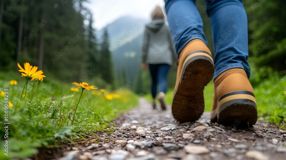 A couple enjoying a scenic hike on a foggy mountain trail, with wildflowers in the foreground A couple enjoying a scenic hike on a foggy mountain trail, with wildflowers in the foreground