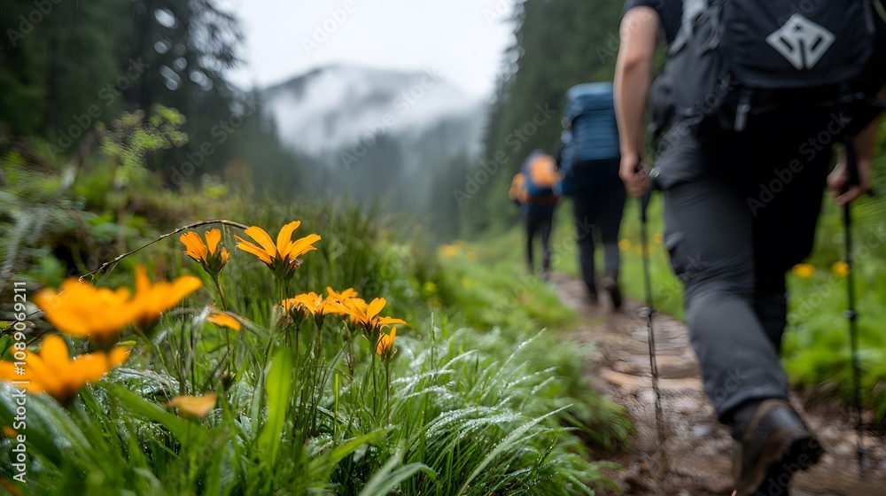 A couple enjoying a scenic hike on a foggy mountain trail, with wildflowers in the foreground A couple enjoying a scenic hike on a foggy mountain trail, with wildflowers in the foreground