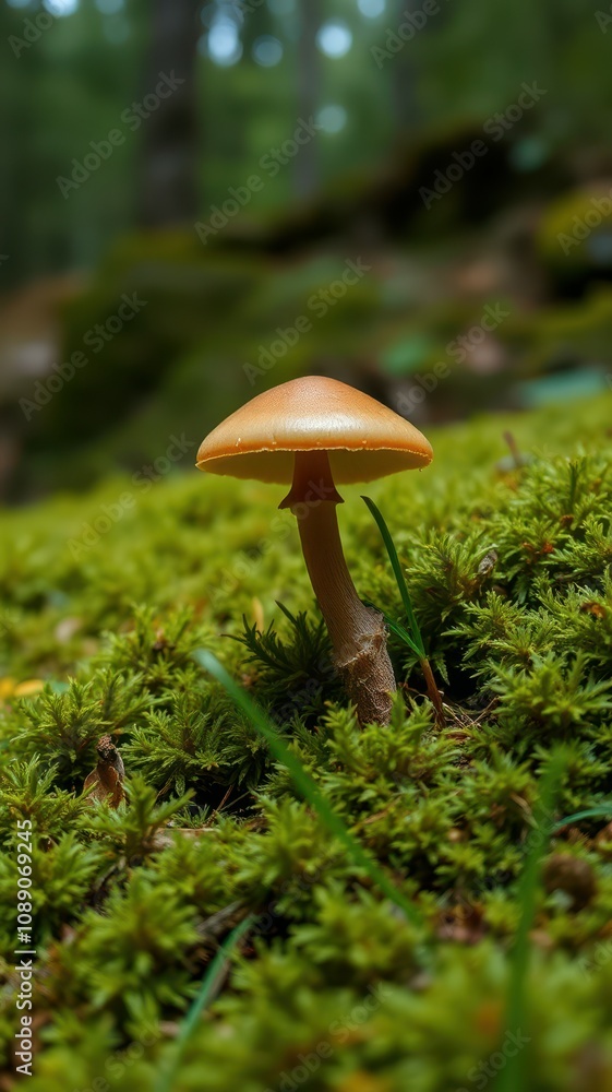 A small orange mushroom grows among lush green moss in a forest during the day A small orange mushroom grows among lush green moss in a forest during the day