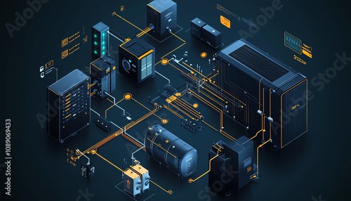 Solar plant energy system diagram, isometric vector style, solar cell equipment and ongrid inverter components, renewable energy flow photo