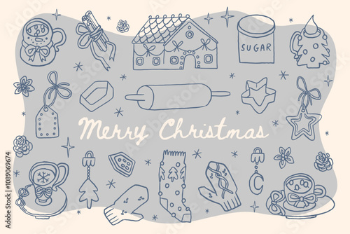 Collection of whimsical illustrations: Christmas decorations, baking tools, and festive items. Cheerful Merry Christmas greetings. Vintage coquette stickers, line art retro holiday clipart set 