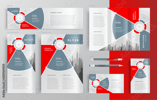 Identity Circles Theme Red and Crey Color. Set flyer cover, tri-fold, banner, roll up banner, business card