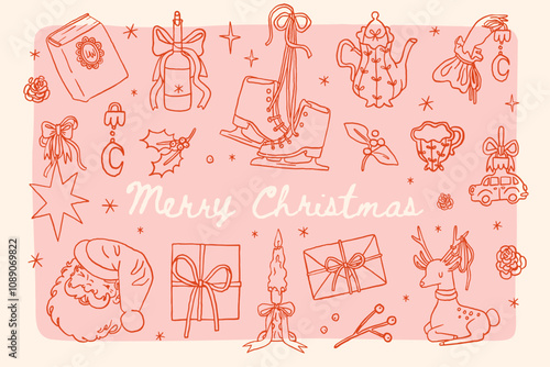 Collection of holiday whimsical illustrations: vintage Christmas skates, wine bottle, Santa, retro bow ribbon, candles, gifts, stocking, Christmas toys. Vintage coquette sticker clip art vector set