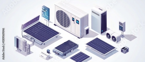 Vector illustration of ongrid inverter system, solar plant energy components, solar cell equipment in isometric view, modern renewable technology photo