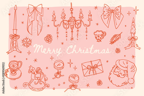 Collection of holiday whimsical illustrations: gifts, bows, Santa Claus, antique chandelier. Joyful Christmas atmosphere. Cheerful Merry Christmas greetings. Vintage coquette stickers, clip art set