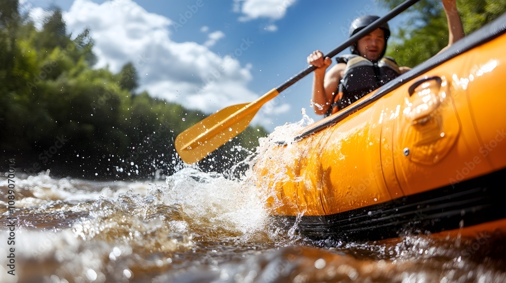 Fototapeta premium Whitewater rafting down a powerful river, with splashing waves and intense action