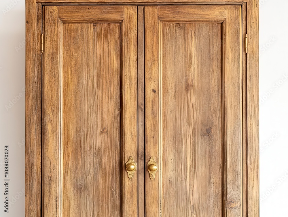 rustic wooden wardrobe with golden handles, set against a minimalist white background, highlighting its craftsmanship and natural wood texture, emanating a sense of timeless elegance rustic wooden wardrobe with golden handles, set against a minimalist white background, highlighting its craftsmanship and natural wood texture, emanating a sense of timeless elegance