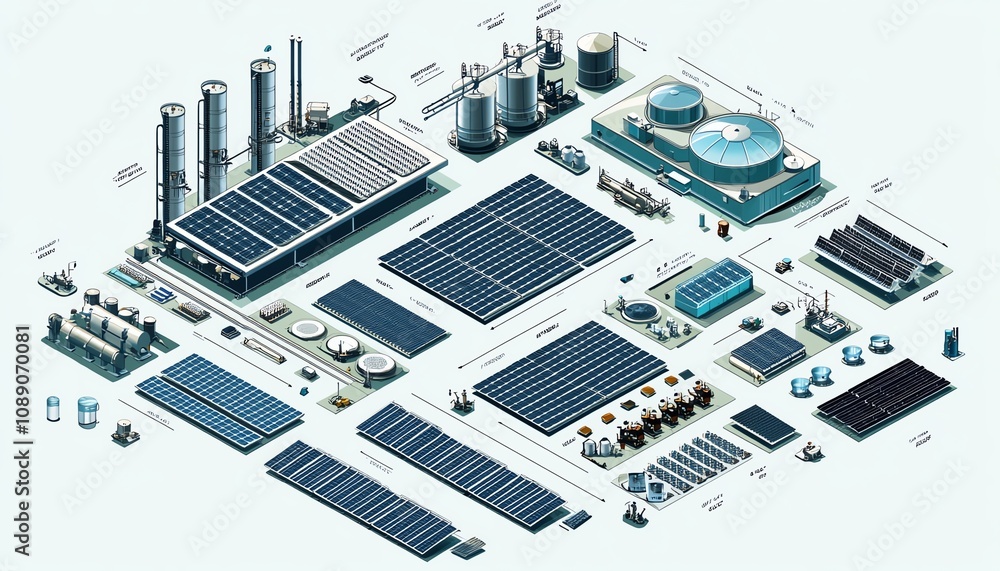 Fototapeta premium Vector illustration of solar energy plant, isometric perspective, solar cell equipment, ongrid inverter system, clean energy infrastructure
