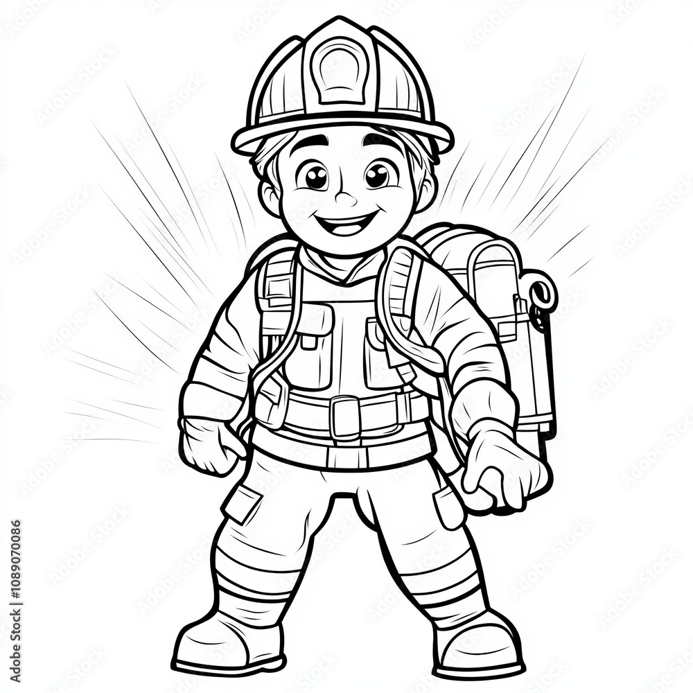 Smiling Brave Firefighter Child Coloring Page - A Cute and Inspiring Illustration for Kids Smiling Brave Firefighter Child Coloring Page - A Cute and Inspiring Illustration for Kids