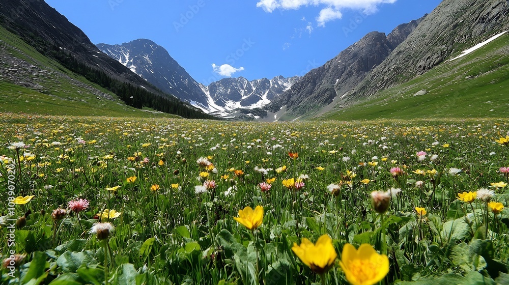 Vibrant Alpine Meadow with Towering Snowy Mountains in the Background Vibrant Alpine Meadow with Towering Snowy Mountains in the Background