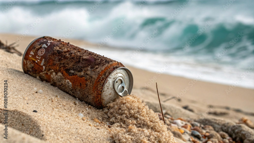 rusty can lies on sandy beach, surrounded by grains of sand and ocean waves. scene highlights impact of pollution on natural landscapes, evoking concern for environment rusty can lies on sandy beach, surrounded by grains of sand and ocean waves. scene highlights impact of pollution on natural landscapes, evoking concern for environment