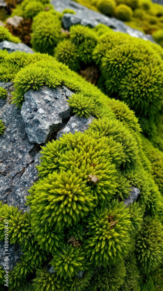 Lush green moss thrives on grey rock during a summer afternoon Lush green moss thrives on grey rock during a summer afternoon