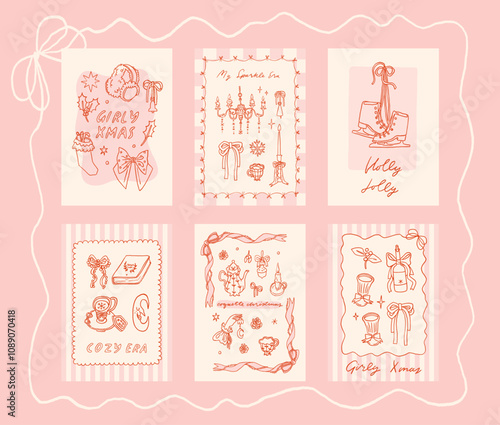 Collection of Merry Christmas cards in trendy coquette style. Girly winter poster design. Bows, ribbons, festive decorative elements, backgrounds, frames. Whimsical hand drawn illustrations, vector
