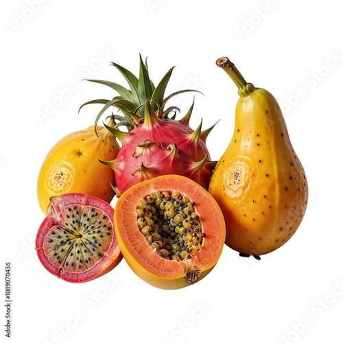 Papaya and tropical fruits composition featuring exotic dragon fruit