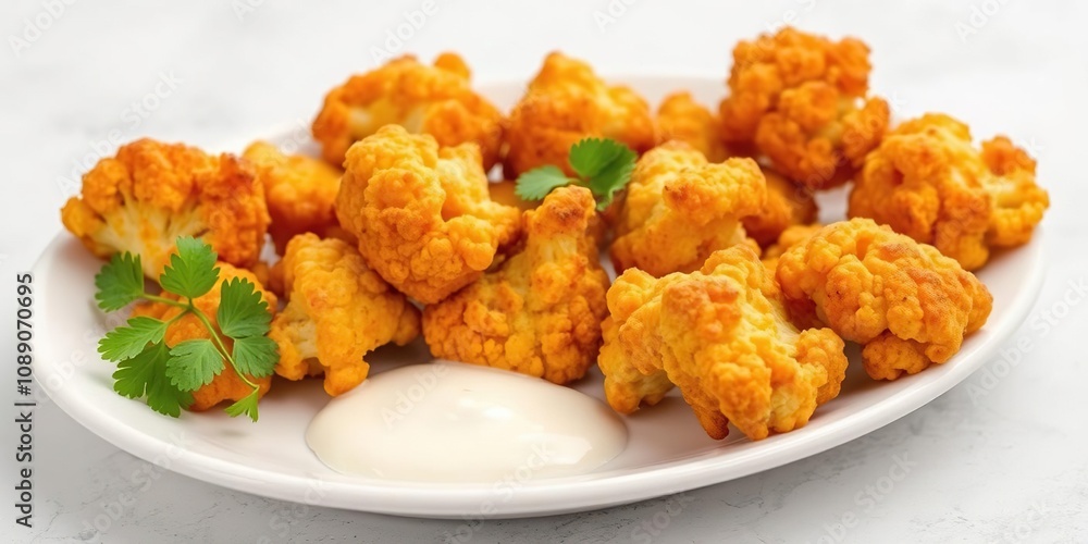 Crunchy Cauliflower Pakora on a White Plate, vegetable, fried batter, meal Crunchy Cauliflower Pakora on a White Plate, vegetable, fried batter, meal