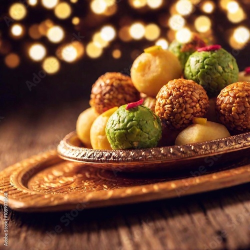 Festive Sweets: painting art illustration of plate of traditional Diwali sweets like ladoos and barfis, with rack focus showcasing the sweets in sharp detail while the background features twinkling li photo