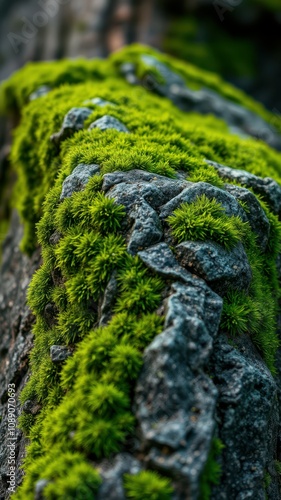 Lush green moss thrives on a dark grey rock surface in a forest setting during the day