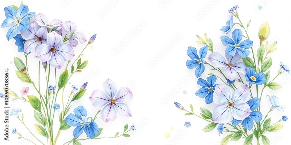 Obraz premium Dainty light purple blooms and vibrant blue flowers are set against a soft white background with delicate green foliage in a beautiful watercolor illustration, white background, natural beauty