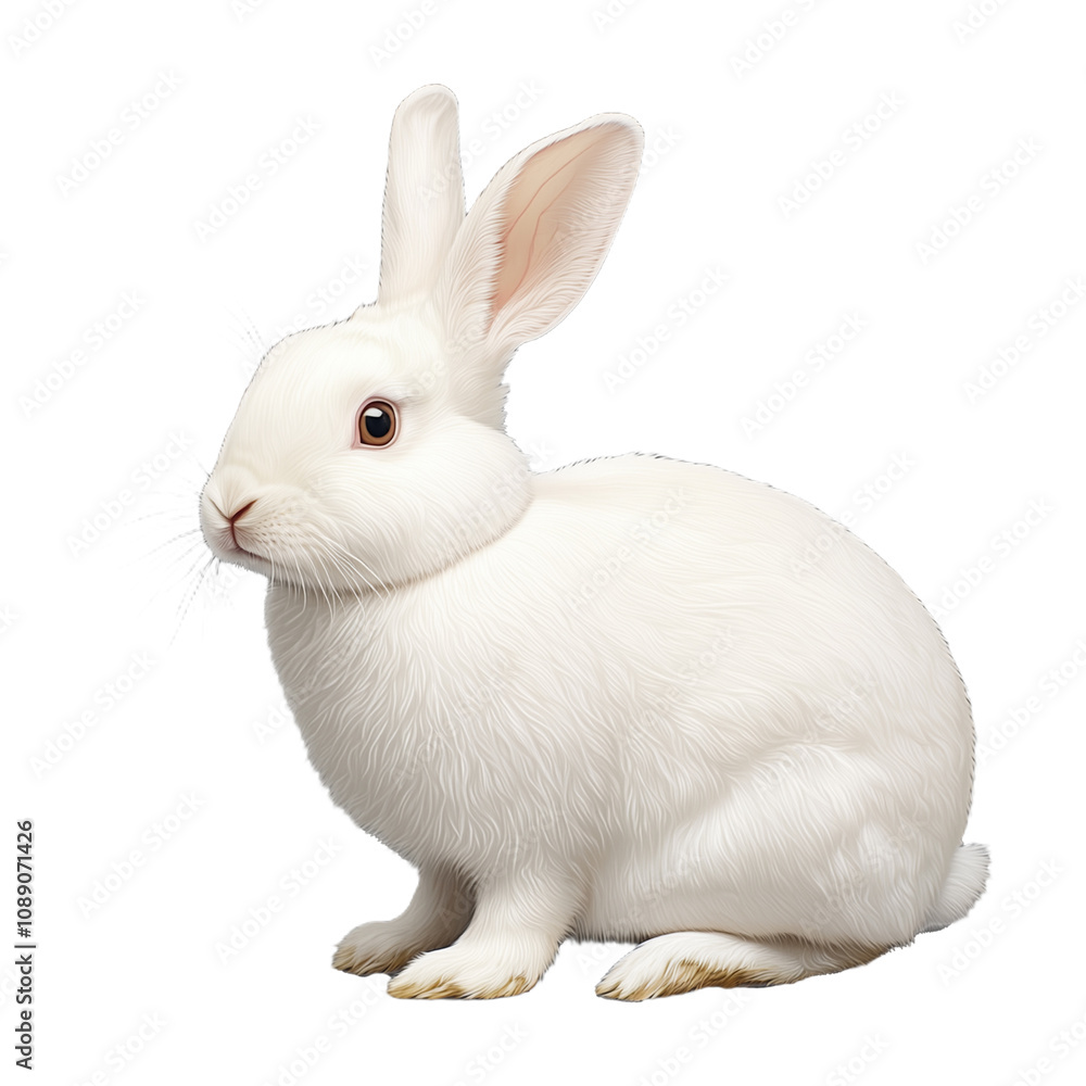 White fluffy rabbit sitting with alert expression on transparent background White fluffy rabbit sitting with alert expression on transparent background