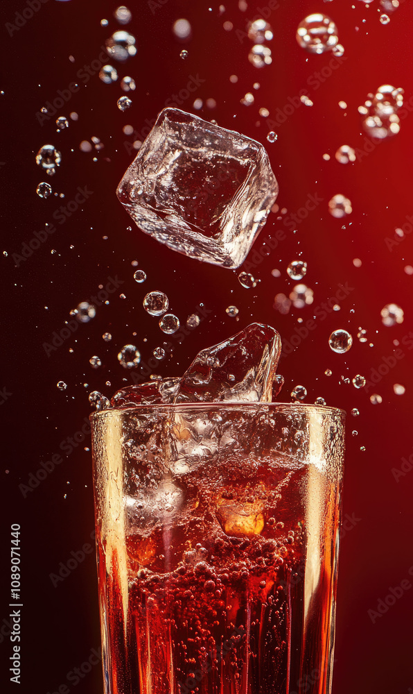 Mid-Air Ice Cube Over Cola Glass with Bubbles Vividly Rising for a Refreshing Beverage Look Mid-Air Ice Cube Over Cola Glass with Bubbles Vividly Rising for a Refreshing Beverage Look