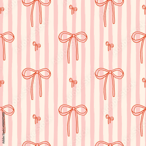 Vector colorful Bow knots, pink gift ribbon bows seamless pattern. Hand drawn bow repeated illustration. Wedding celebration, holiday, party decoration gift, present concept. Girly coquette background
