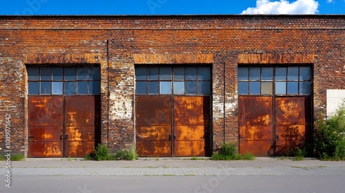 Weathered Brick Factory with Rusted Metal Doors and Large Windows - Industrial Heritage and Vintage Architecture photo