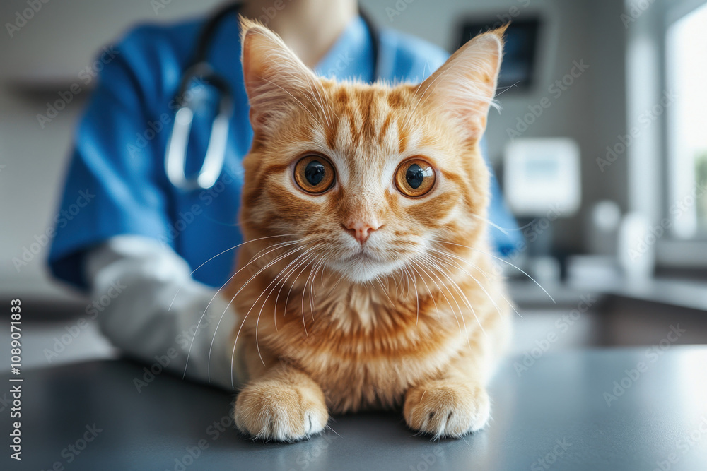 A ginger tabby cat with bright, curious eyes sits calmly on a veterinary examination table, with a veterinarian wearing a blue uniform in the background. A ginger tabby cat with bright, curious eyes sits calmly on a veterinary examination table, with a veterinarian wearing a blue uniform in the background.