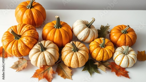 A still life of pumpkins and leaves on a white table, fallvibes, whitetable photo